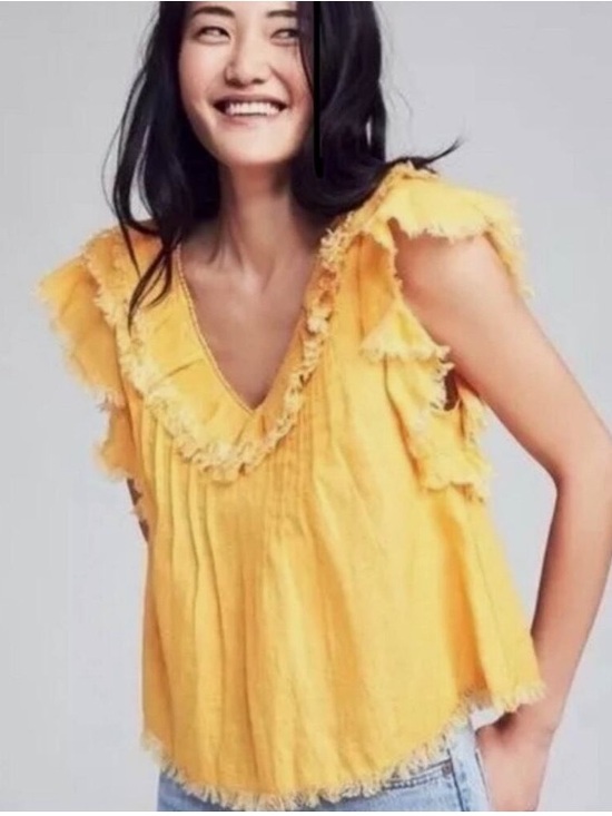 Faherty Tops - Faherty Yosepha Marigold Linen Fringe Ruffle Blouse - Size Small